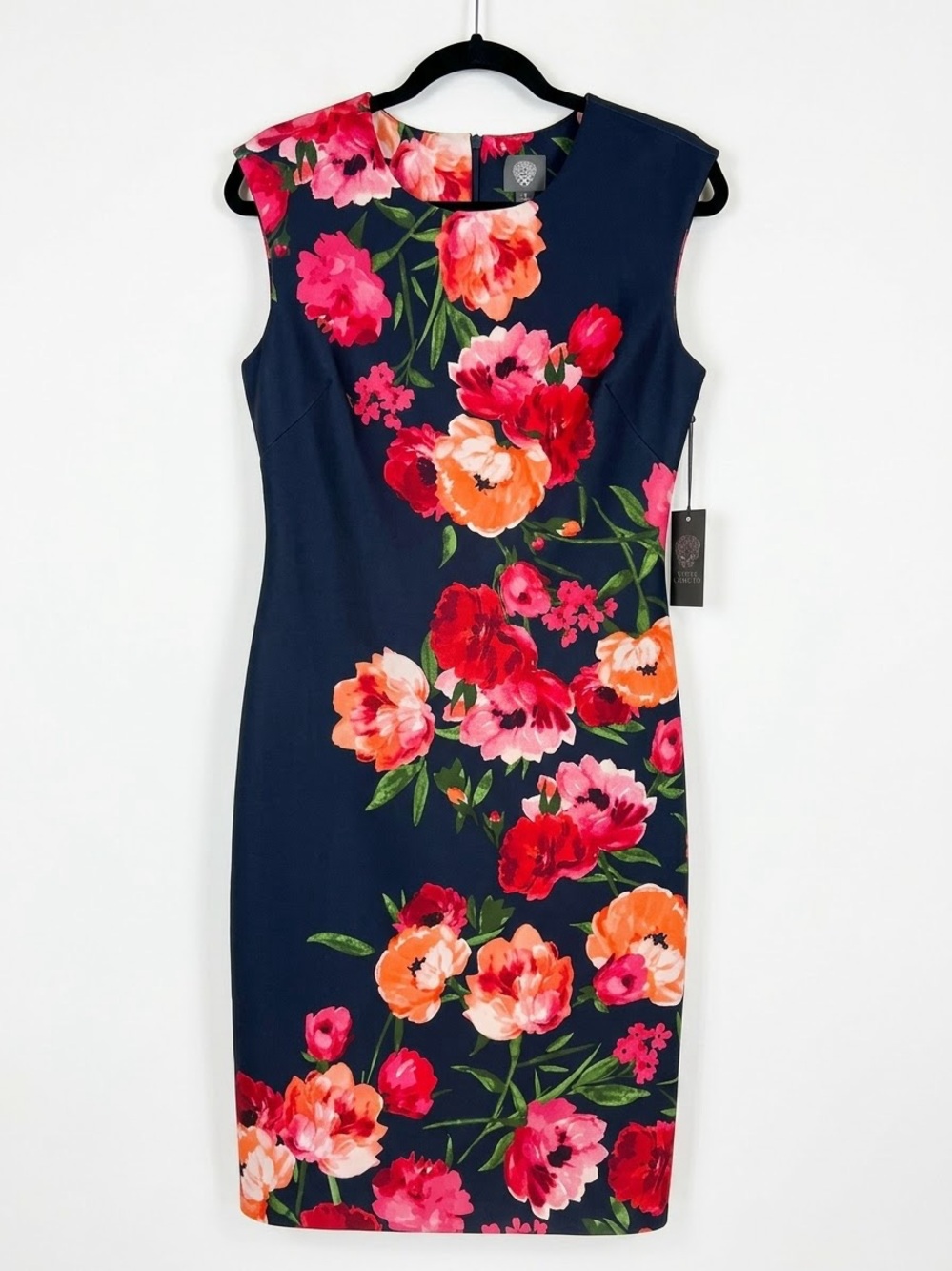 Vince Camuto Navy Midi Dress with Pink & Orange Floral Print